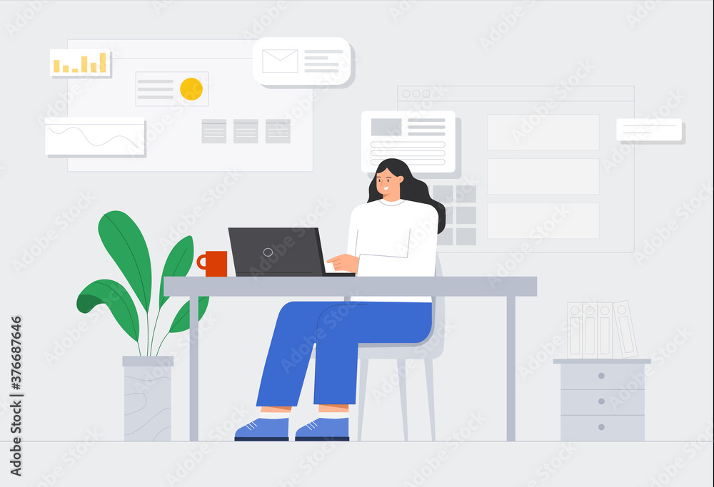 Female character is working at his laptop. Workflow in a modern office graphics, icons on the background. Flat style vector illustration.