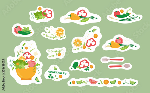 collection of stickers vegetables.  Vector vegetable composition for banner design. Pepper, peas, tomato and green onion for salad isolated white background. Food drawing for menu, label, flyer. 