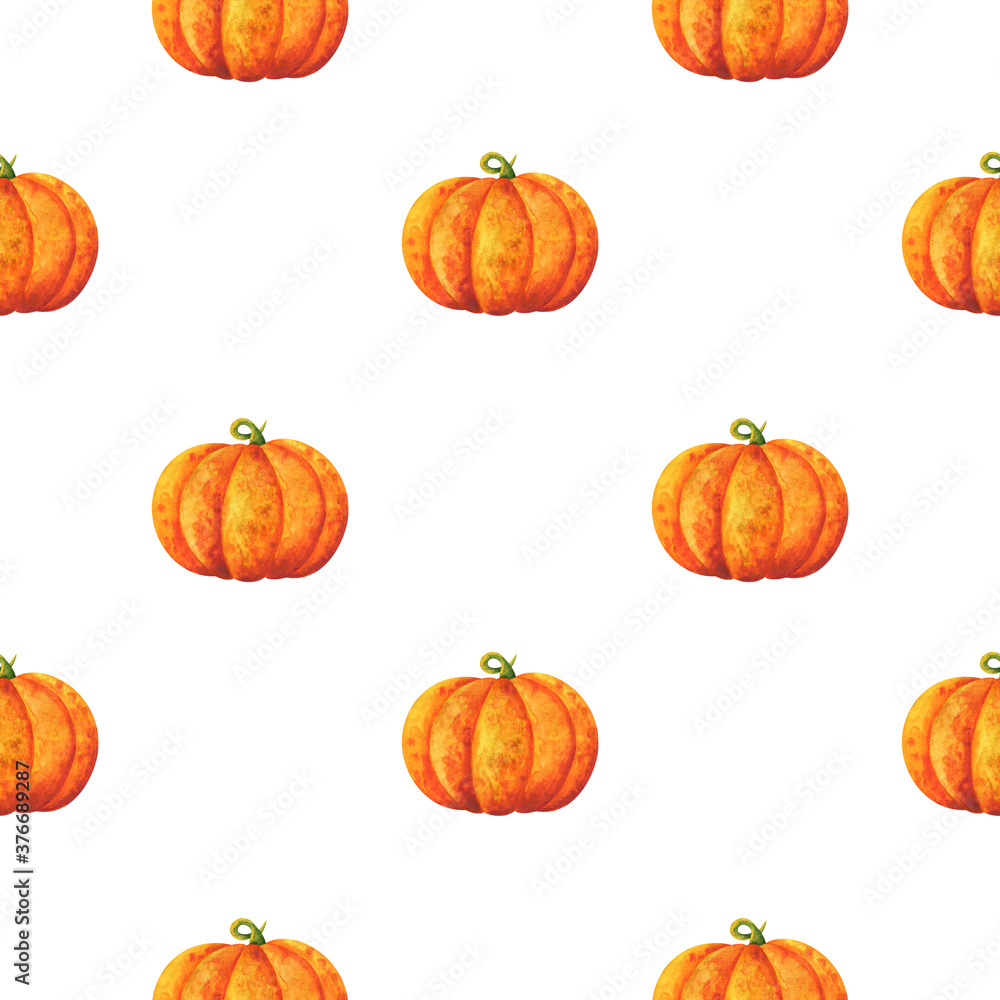 Big orange pumpkin. Simple print with watercolor illustrations of vegetables on a white background. Seamless pattern with autumn crop for fabric, textile, paper. Stock image.