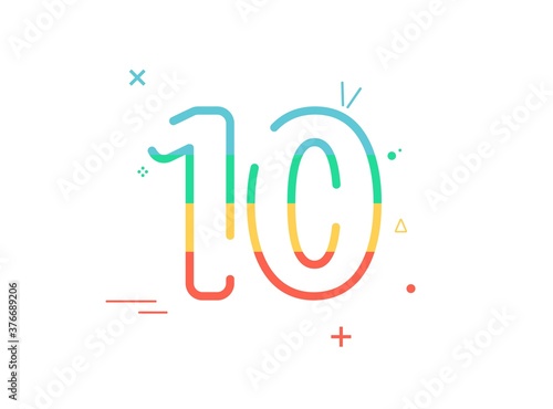 10 year Anniversary celebration vector font, greeting, congratulation, colorful design with confetti. Birthday or wedding party festive event decoration. Eps10 illustration