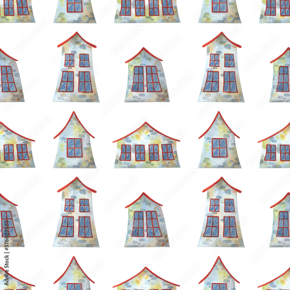 A fictional town. Simple seamless pattern with children's illustrations on a white background. Watercolor print for fabric, textiles, and paper. Stock image.  house with a red roof and blue Windows.