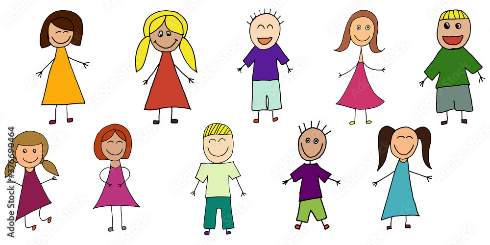 simple kids set, multicolored boys and girls, doodling for paper design, fabric, interior. raster copy simple kids set, multicolored boys and girls, doodling for paper design, fabric, interior. raster copy
