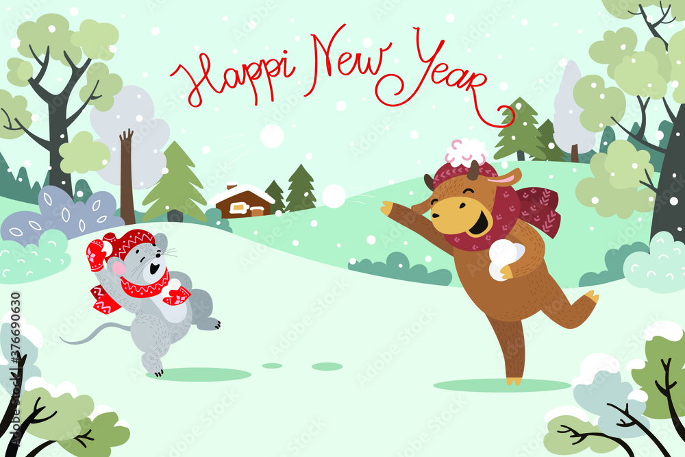mouse and bull, symbols of the Chinese new year, playing snowballs in a snowy meadow, cartoon, flat style, postcard, vector illustration mouse and bull, symbols of the Chinese new year, playing snowballs in a snowy meadow, cartoon, flat style, postcard, vector illustration
