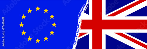 Brexit referendum concept about UK (United Kingdom or British) withdrawal from the EU (European Union) often shortened to Brexit. The flags of UK half with EU. For Brexit referendum campaign.