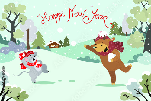 mouse and bull, symbols of the Chinese new year, playing snowballs in a snowy meadow, cartoon, flat style, postcard, vector illustration