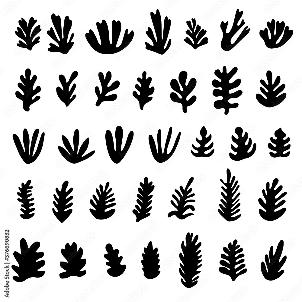 Contemporary art. Trendy doodle nature shapes and leaves collection in black color