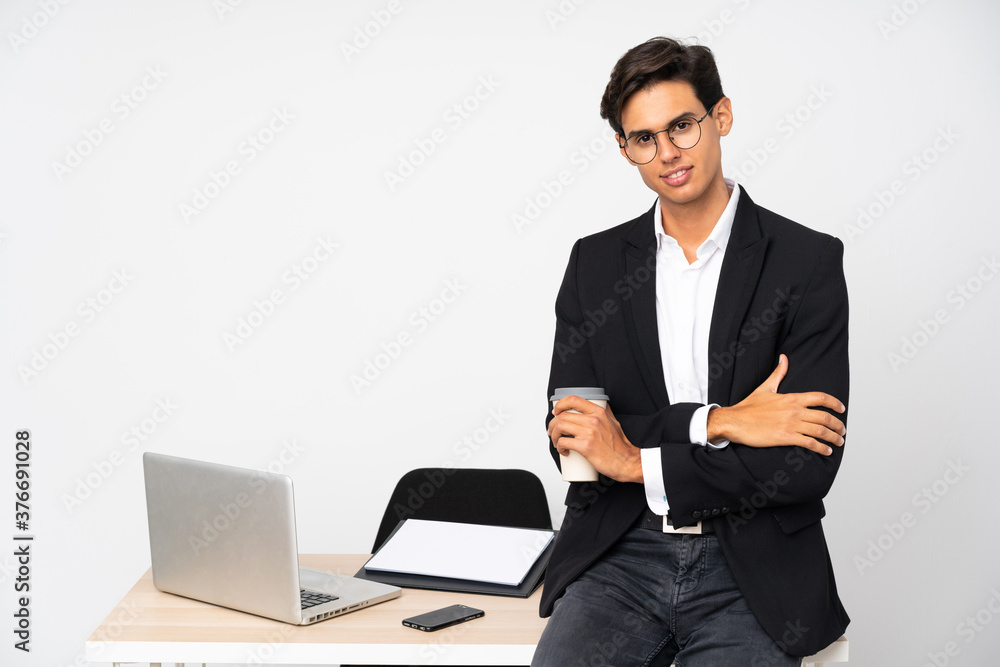 Businessman in his office over isolated white background thinking an idea Businessman in his office over isolated white background thinking an idea