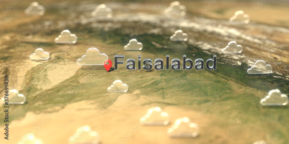 Cloudy weather icons near Faisalabad city on the map, weather forecast related 3D rendering Cloudy weather icons near Faisalabad city on the map, weather forecast related 3D rendering