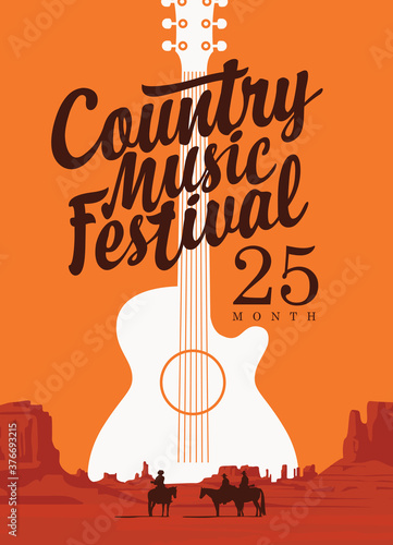 Poster for a country music festival with a guitar and inscription on the background of western landscape. Vector flyer, banner, invitation on the theme of the Wild West with American prairies