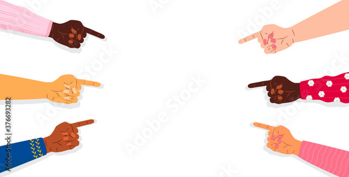Index fingers are pointing on empty space. Attention, announce banner template for web, app in cartoon style. Hans, wrists of people of diverse races are shown