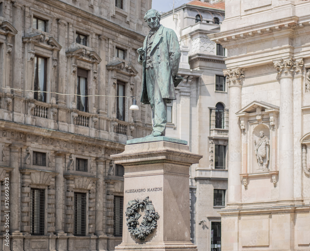San Fedele Square, Milan, bronze monument in memory of Alessandro Manzoni, famous poet and writer