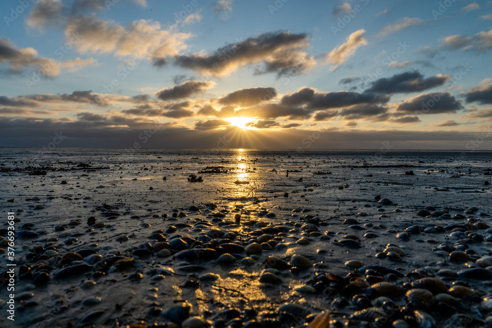 view on the wadden sea of the north sea at low tide at sunset near bernersiel view on the wadden sea of the north sea at low tide at sunset near bernersiel
