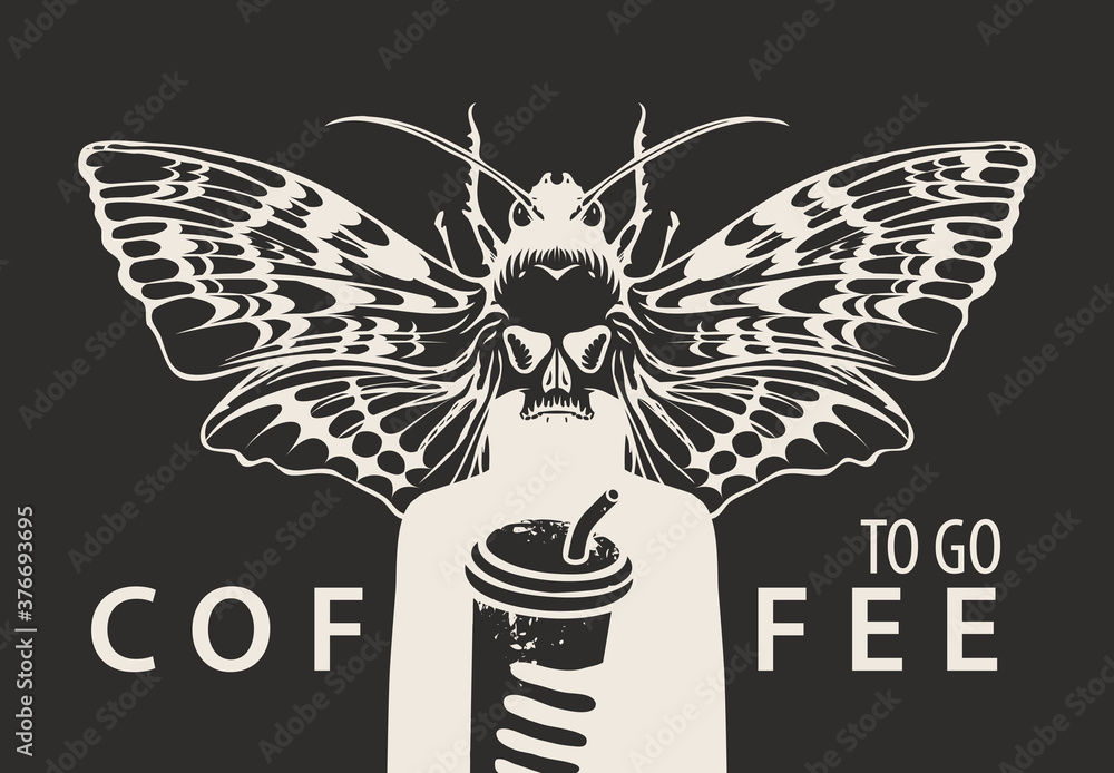 Creative banner on the theme of coffee with the inscription Coffee to go. Vector illustration of a mysterious creature with a moth instead of a head, holding a paper Cup of coffee with a straw