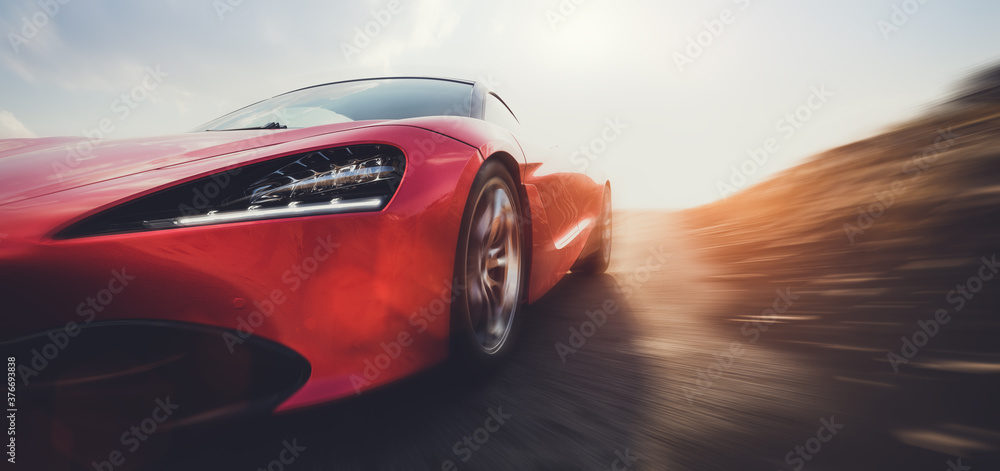 Fast sports car on road in motion blur. - obrazy, fototapety, plakaty 