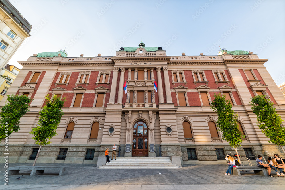 Belgrade, Serbia - August 27, 2020: The building of the National Museum in Belgrade. Staff entrance in national museum. 