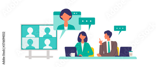 Business conference concept. Vector illustration of people having a teleconference. Concept for conference, boardroom.