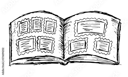 Black and white rough line drawing of unfolded photo-album pages. Simple illustration of a book with pictures on sheets