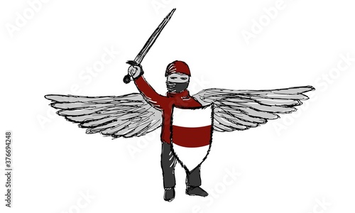 Rough lineart color drawing of masked warrior with sword and shield. A man with military attributes and a white-red shield in his hand - a symbol of the 2020 Belarusian protests