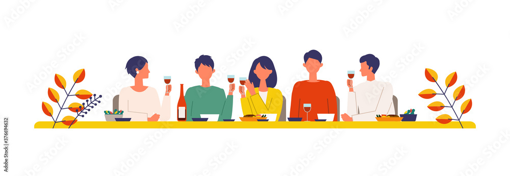 Naklejka premium Vector illustration of people eating dinner together in the autumn. People enjoy drinking wine.