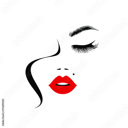 Beauty logo, beautiful woman face, sexy red lips, eyelash extensions, fashion woman, curly hairstyle, hair salon sign, icon, hand with red manicure nails. Vector illustration.