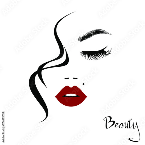 Beautiful sexy face, red lips, fashion woman, element design, nails studio, curly hairstyle, hair salon sign, icon. Beauty Logo. Vector illustration. Hand drawing style.