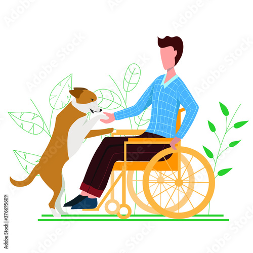 Man in a wheelchair with a dog. The concept of friendship between man and animal. Dog is a friend of man. Vector illustration in flat style