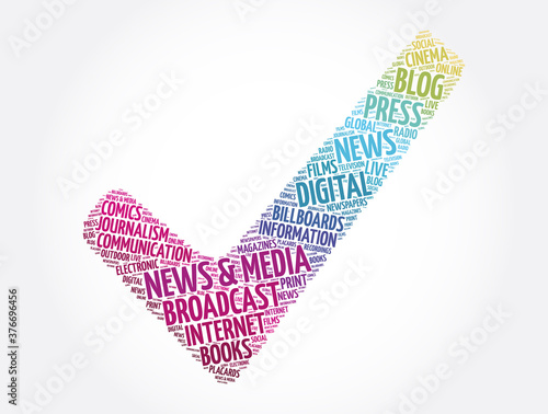 News & media check mark word cloud collage, concept background