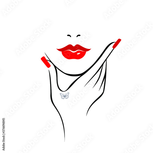 Beautiful sexy red lips, lipstick kiss, hand with red manicure nails, element design, nails studio. Beauty Logo. Vector illustration, flat style. Isolated on white.