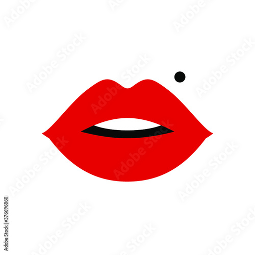 Red lips, sexy woman's kiss with birthmark, flat style, vector illustration. Beauty logo. Element design, isolated on white.