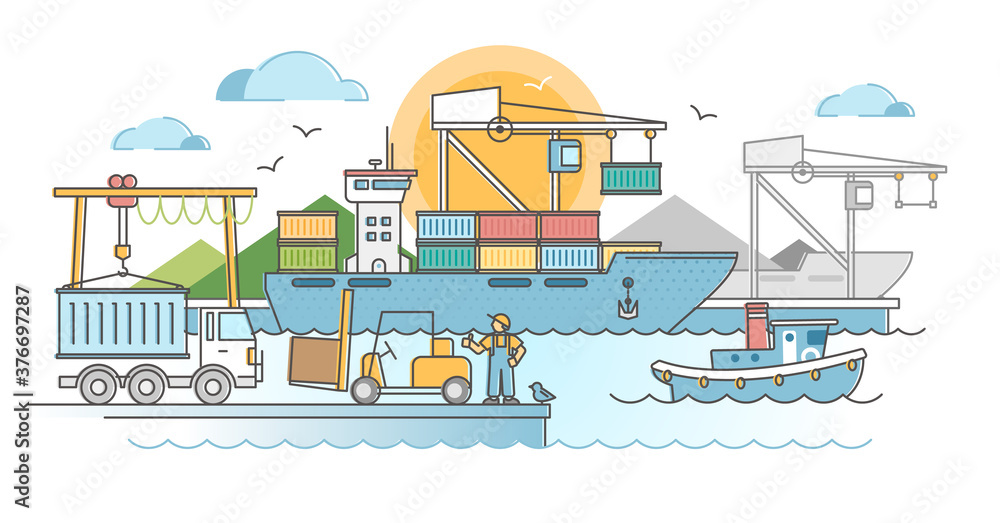 Commercial port harbor dock with container ship unloading outline concept