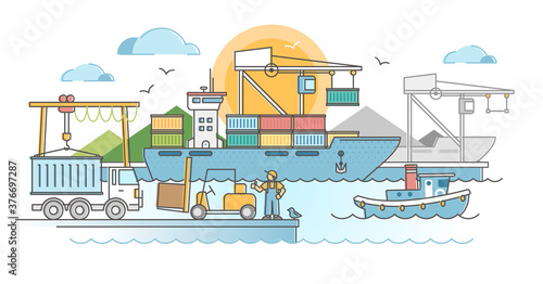 Commercial port harbor dock with container ship unloading outline concept