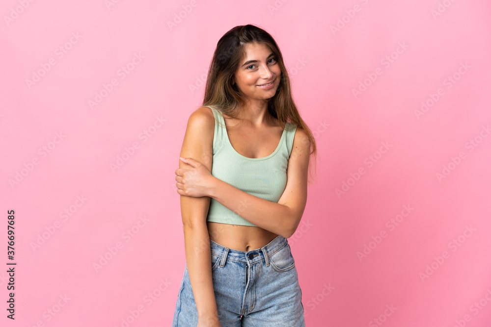 Young caucasian woman isolated on pink background laughing Young caucasian woman isolated on pink background laughing