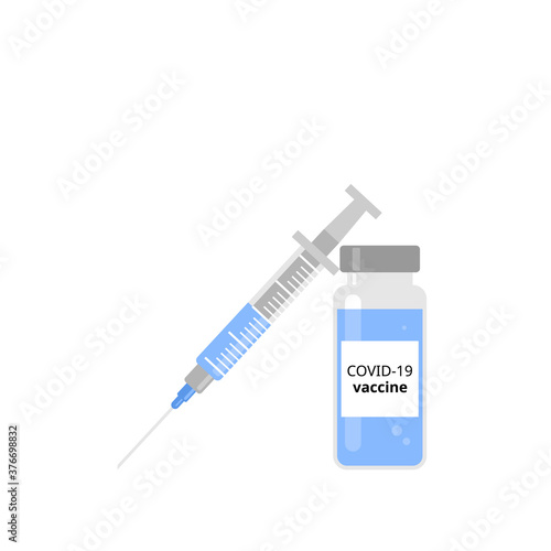 Ampoule and syringe with blue vaccine against coronavirus on isolated background. Template for banner, leaflet, post, newspaper, news.