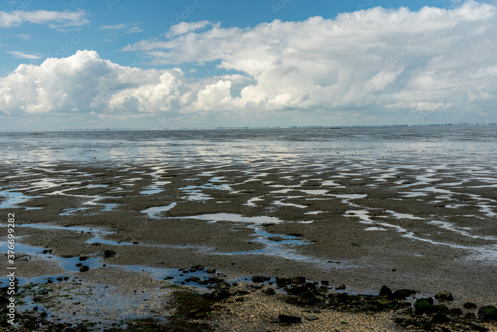 view on the wadden sea of the north sea at low tide near emden