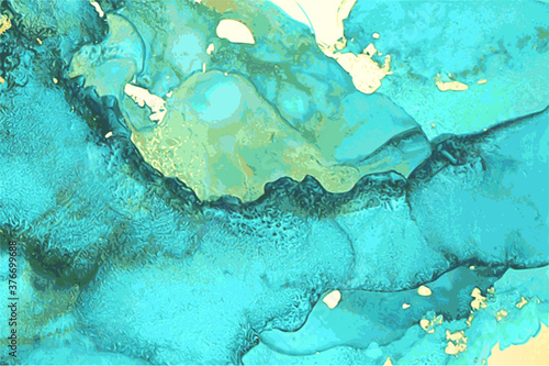 Blue, green and gold marble abstract background. Alcohol ink oriental technique. Vector art. Flow paint in natural colors with glitter. Template for banner, poster, invitation. photo