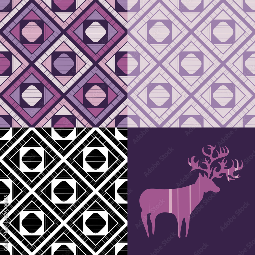 Set: Deer and Mosaic of geometric shapes. Design with manual hatching. Textile. Ethnic boho ornament. Vector illustration for web design or print.