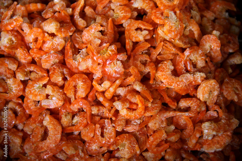 Close up of dried shrimp, macro of papaya salad ingredient, concept image for Thai and asian food cuisine, Hi nutrient in calcium and Iodised salt. 