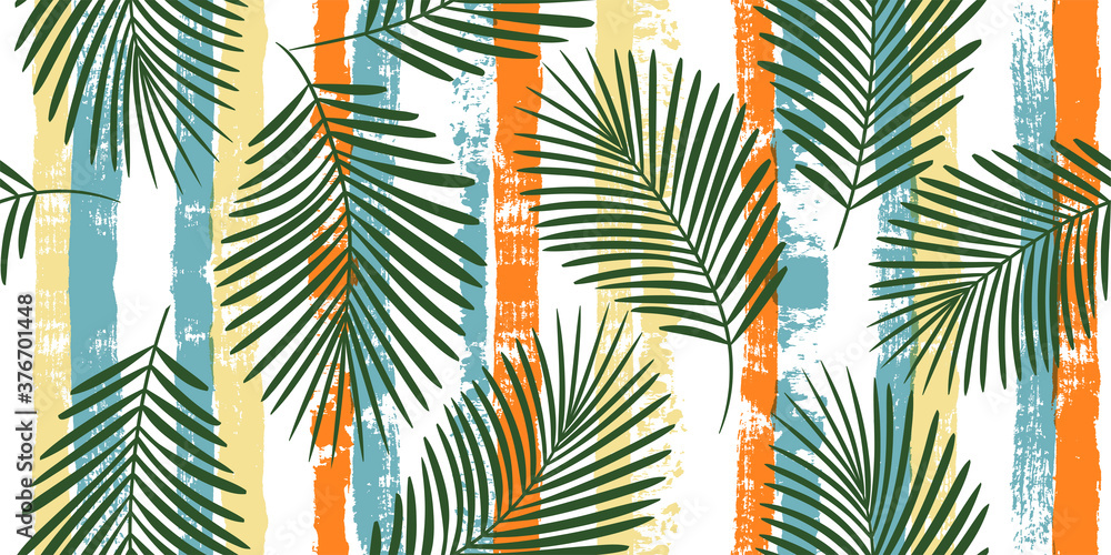 Tropical pattern, palm leaves seamless vector floral background. Exotic plant on colorful stripes print illustration. Summer nature jungle print. Leaves of palm tree on paint lines. ink brush strokes