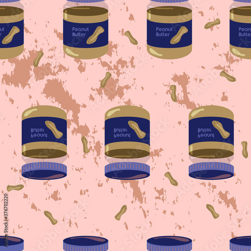 Seamless vector illustration of a peanuts and a jar of peanut butter. Pattern for fabric, printing. Funny kitchen symbolism.
