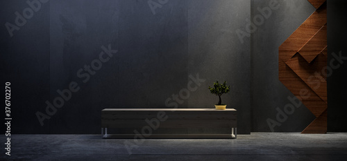 Modern Minimalist Concrete Grunge Wood Ornament Wall Empty Tv Stand With Green Plant Warehouse Garage Background 3D Rendering