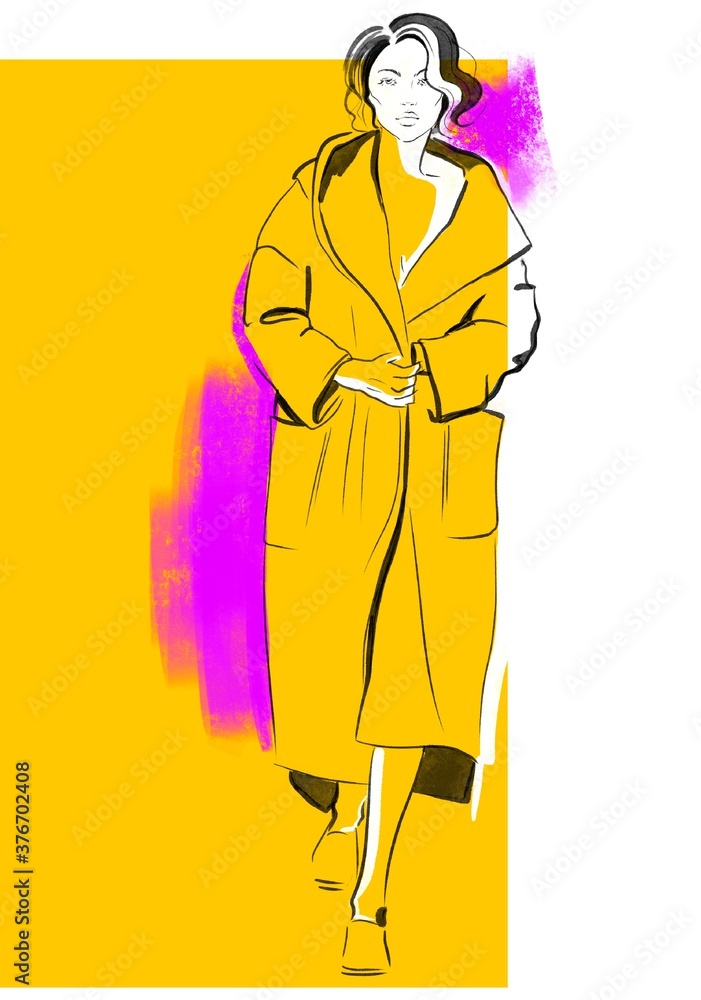 A woman in a fashion coat on a yellow background, drawn by hand in the Procreate program.