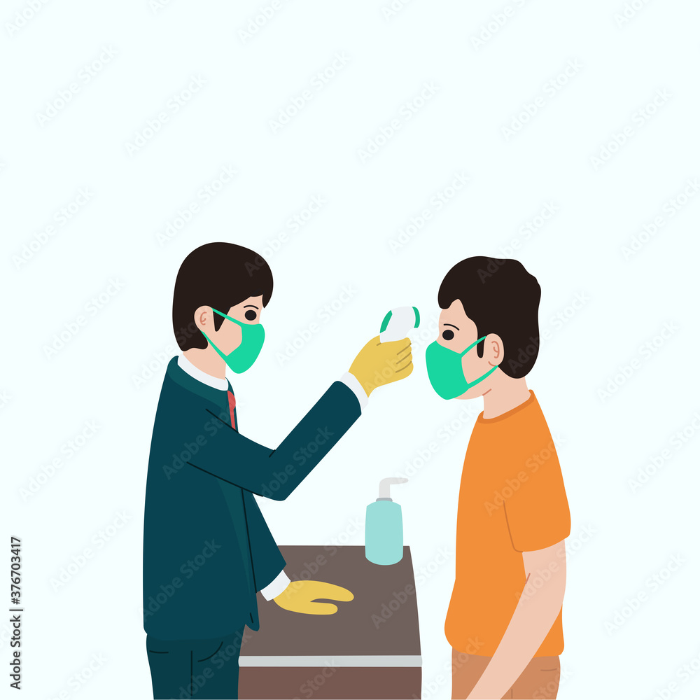Vector illustration of man getting temperature checks by staff to protect against Covid-19 Vector illustration of man getting temperature checks by staff to protect against Covid-19