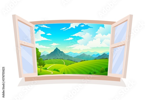 Open window. View from wooden window on landscape, sunny day scene, hill field and mountain, land and cloudy sky, wild nature grass and forest countryside background vector illustration