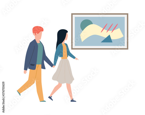 Exhibition visitors looking art. Couple man and woman hold hands and look artworks and pictures, date at modern museum or gallery flat cartoon vector isolated illustration
