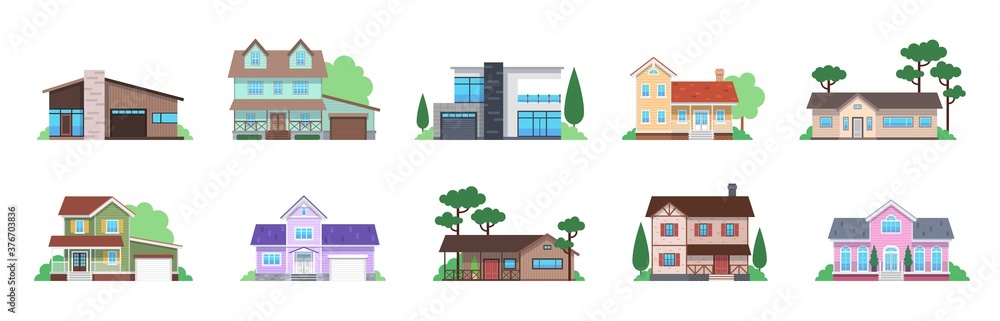 Cottage houses. Front view modern suburban home, townhomes and cottages facades, architecture building with garage and terrace. Family house, real estate design flat vector set