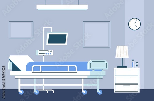 Hospital room interior. Modern intensive therapy ward with bed on wheels and medical equipment emergency clinic with furniture and dropper healthcare vector flat concept in blue colors
