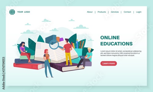 Online education landing page. Tiny people read huge books. Training courses, internet teaching and e-learning, tutorials for students, mobile app or web banner vector flat template