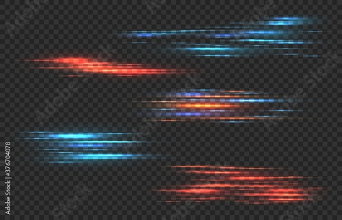 Light stripes. Red and blue shine neon lines, data connection futuristic abstract flash, high speed connecting smart technology power tails vector set isolated on transparent background