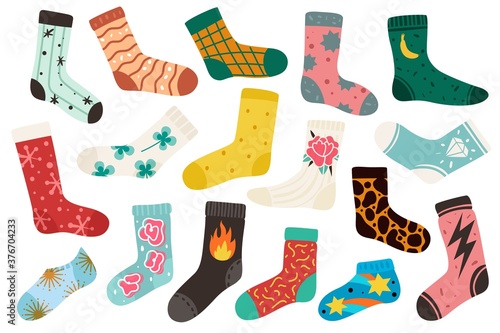 Trendy socks. Cotton stylish long and short funny sock design new collection. Cartoon woolen hosiery with fashion patterns isolated vector doodle modern set of cozy accessories