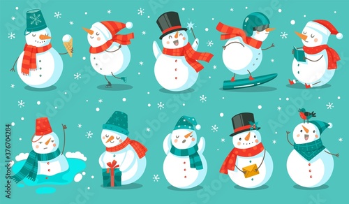 Snowman. Cheerful christmas snowmen in different costume with ice cream, book and gift, letter and snowboard winter outdoor festive happy xmas holiday characters, flat vector cartoon set